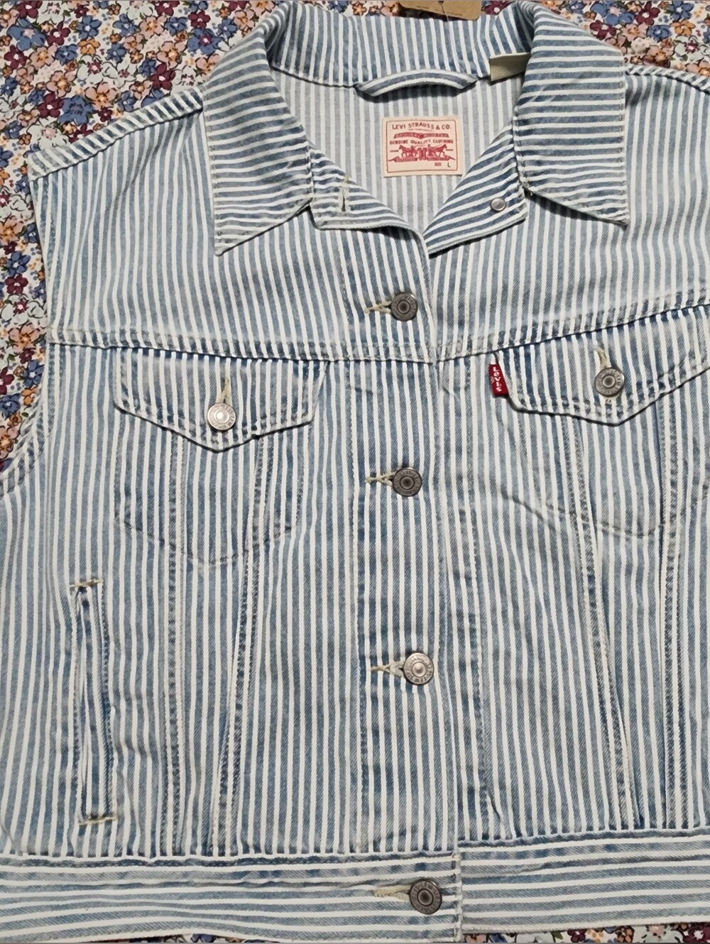 Levi's Women Light Blue and White Striped Denim Vest